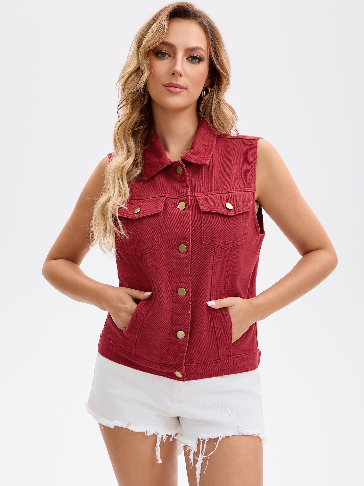 DARING DIVA Womens Denim Vest Button Down Jacket Sleeveless Jean Jacket L Red