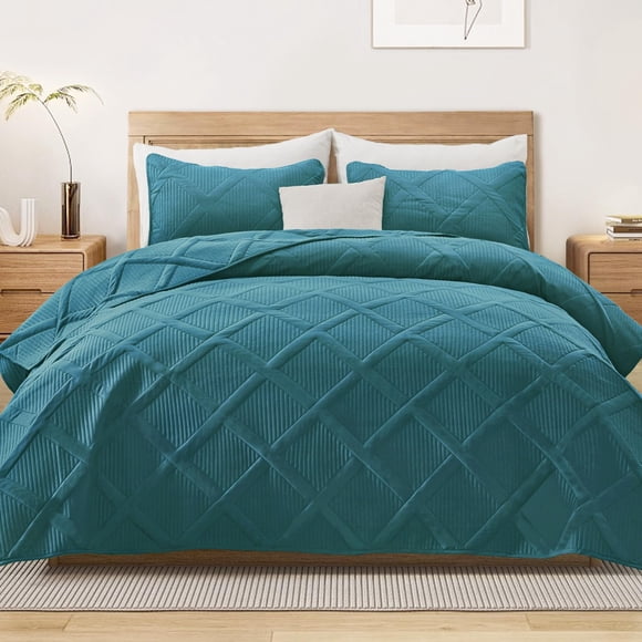 Exclusivo Mezcla Quilts Queen Size - Teal Quilt Set Bedspread with 2 Pillow Shams, Modern Bedding Set with Striped Pattern, Soft Lightweight Bedspreads Queen Size for All Seasons