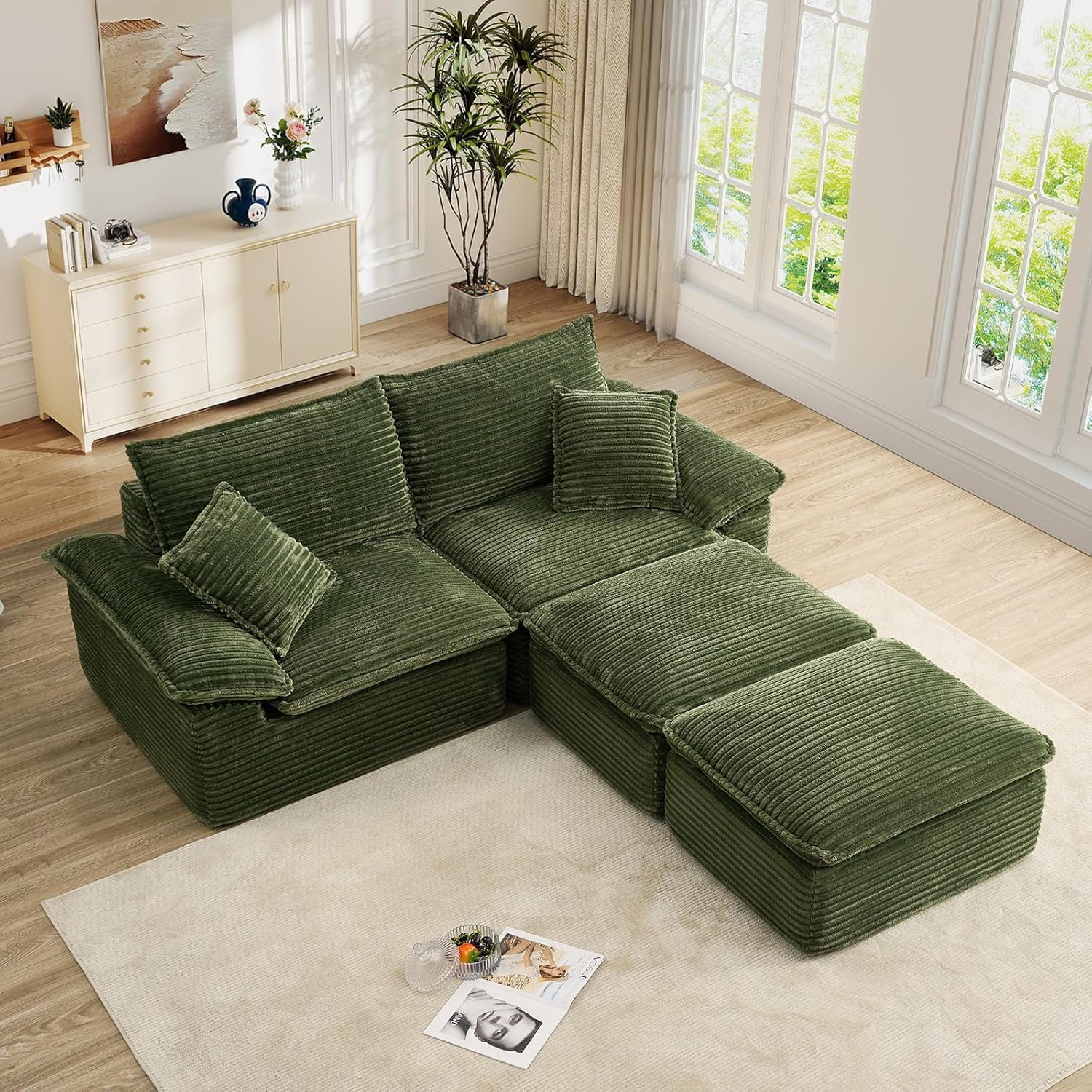 Aukfa 4-Piece Modular Sectional Sofa, Corduroy Convertible Double Chaise Lounge with Ottomans, Green