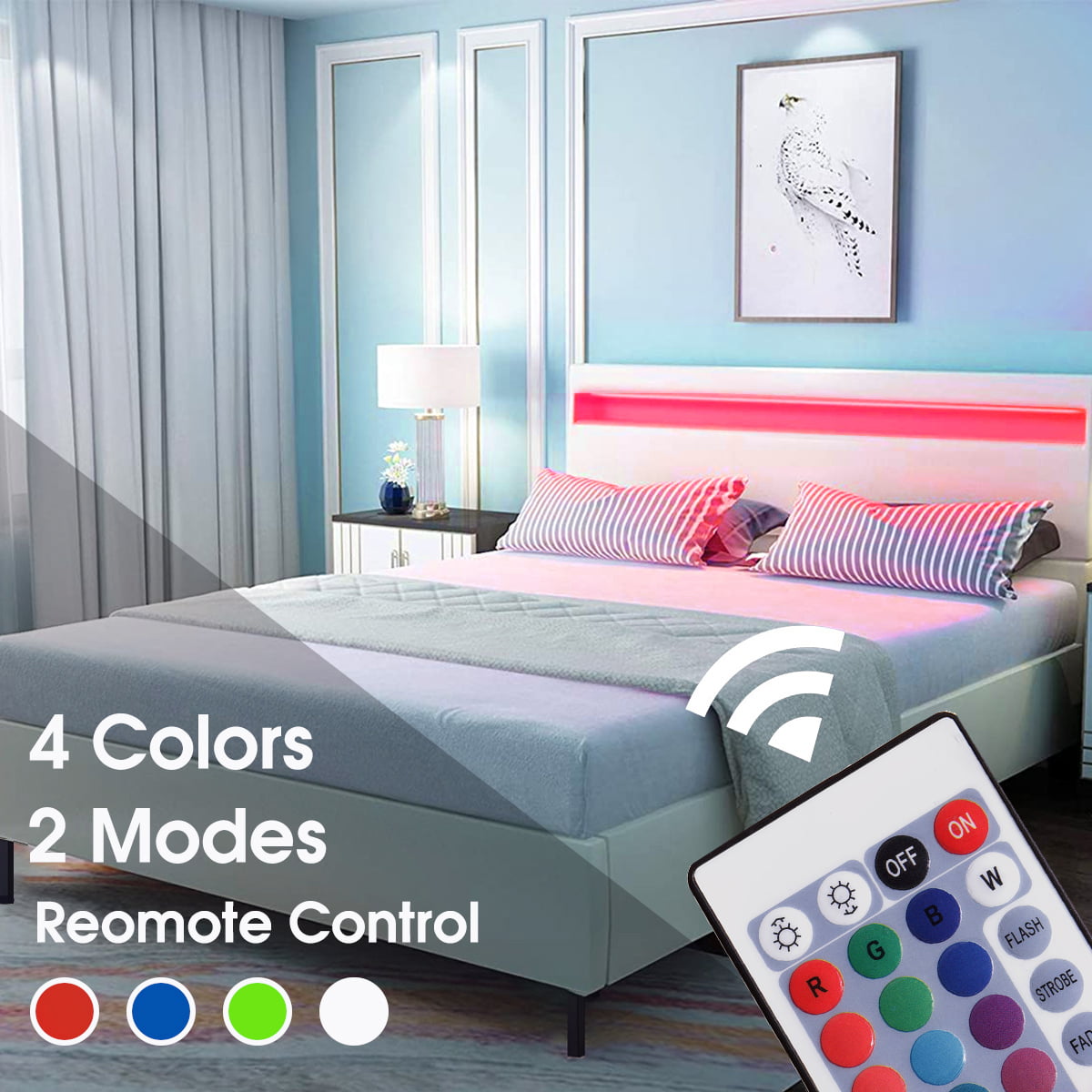 LXingStore Queen Size Bed Frame Bedroom Platform w/ LED Light Headboard
