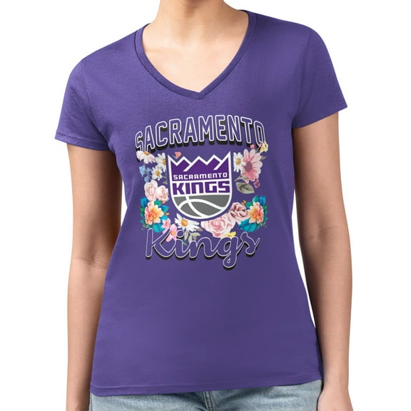 Women's G-III 4Her by Carl Banks Purple Sacramento Kings Super-Slim Fit Lightweight Flowers Team Logo Graphic V-Neck