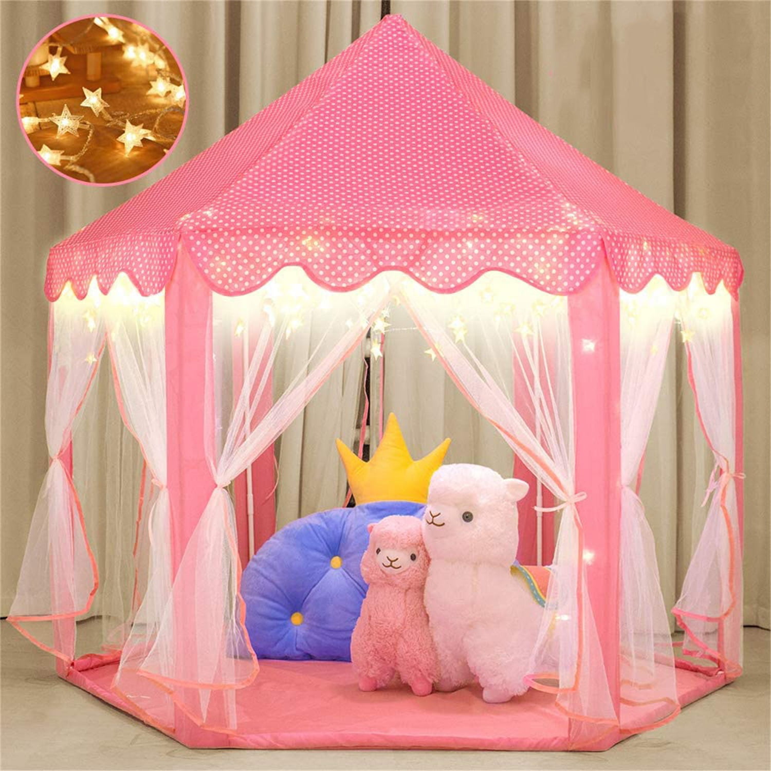 CIPACHO Play Castle Tent for Kids, Indoor Children Playhouse with Warm LED Star Lights, Birthday and Christmas Toy Gift, Pink