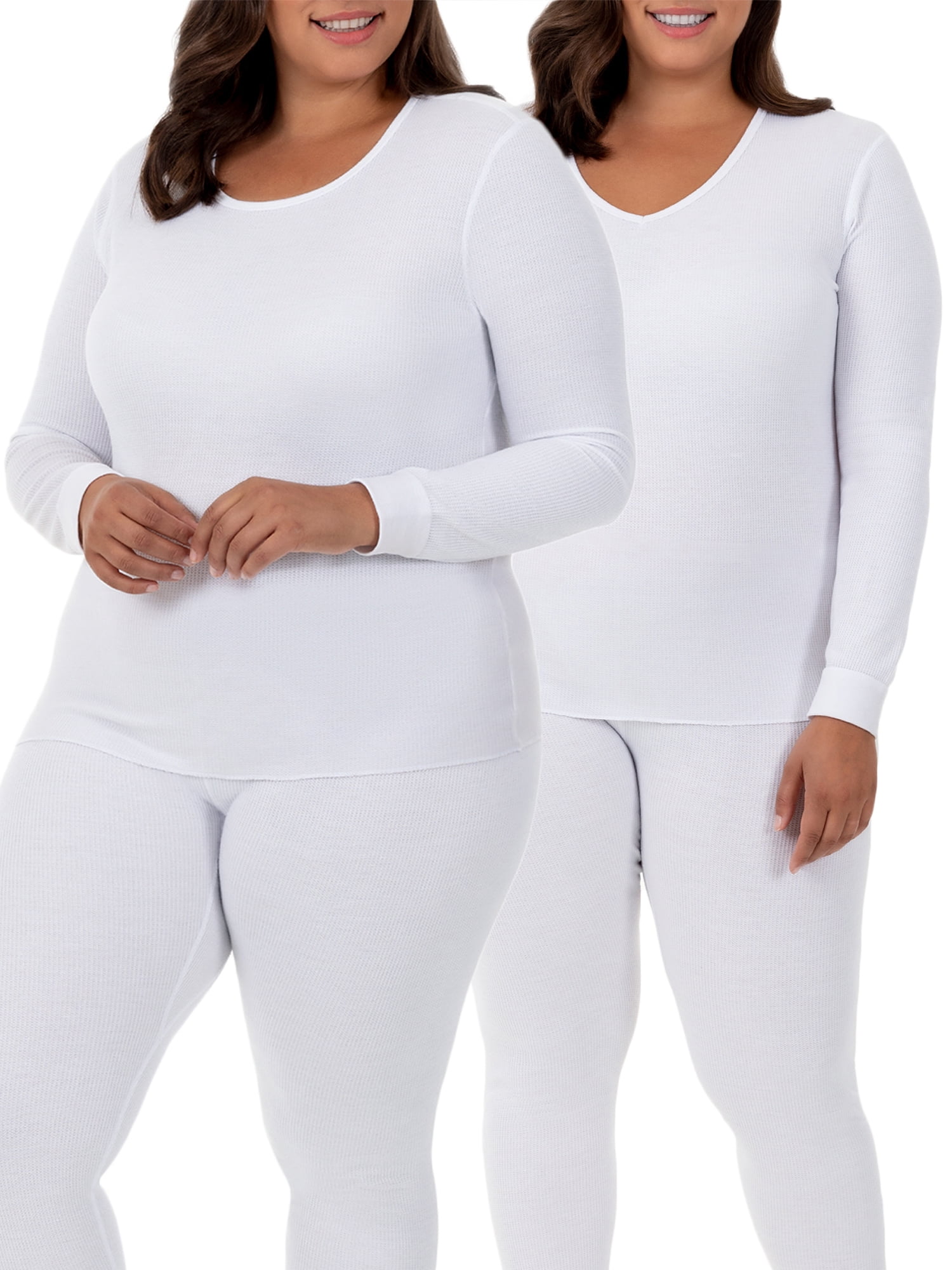 Fruit of the Loom Women's Long Underwear Waffle Crew and V-Neck Thermal Top, 2-Pack