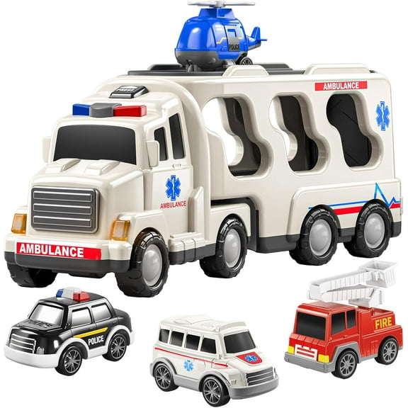 BTEPSGA 5 Pack Ambulance Vehicle Toddler Truck Toys for 3 4 5 6 Year Old Boys, Friction Powered Cars with Toy Helicopter, Police Car, Fire Truck, Ambulance Car, Birthday Gifts for Girls Age 3-9