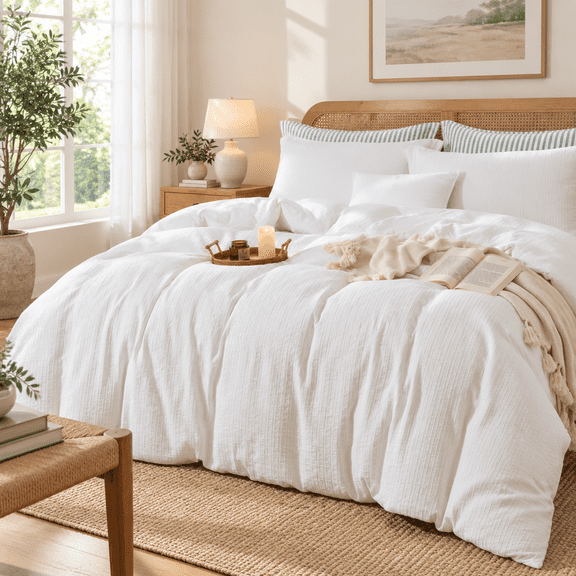 01- White (No Comforter), King (104"x90") Textured Jacquard Duvet Cover Set