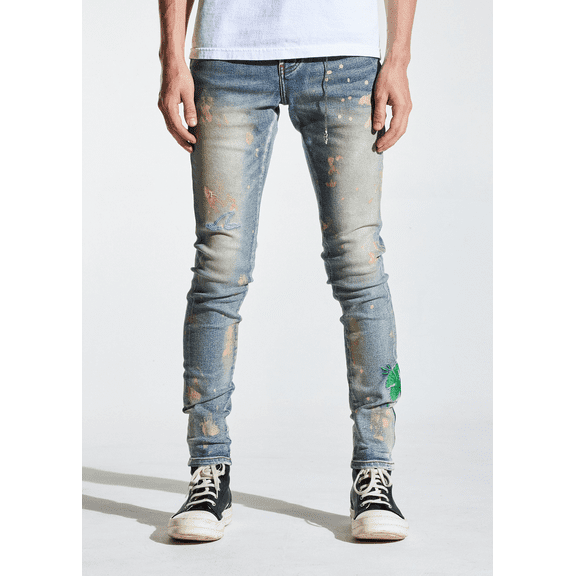 En Noir Men's Paint Splatter Embroidered Distressed Skinny Fit Denim Jeans (29, Sand Wash)