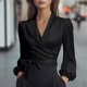 thumbnail image 1 of TaTaai Women’s Casual V Neck Satin Blouse Long Sleeve Tie Strap Loose Fit Solid Color Printless T Shirts Soft Polyester Winter Holiday Wear Gift, 1 of 8