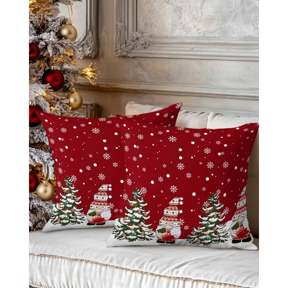 Christmas Decorative Throw Pillow Covers 20x20 Inch Set of 2 Red Gnome Pillow Cases for Couch, Christmas Tree Snow Cushion Case for Living Room Bedroom Bed Car Chair
