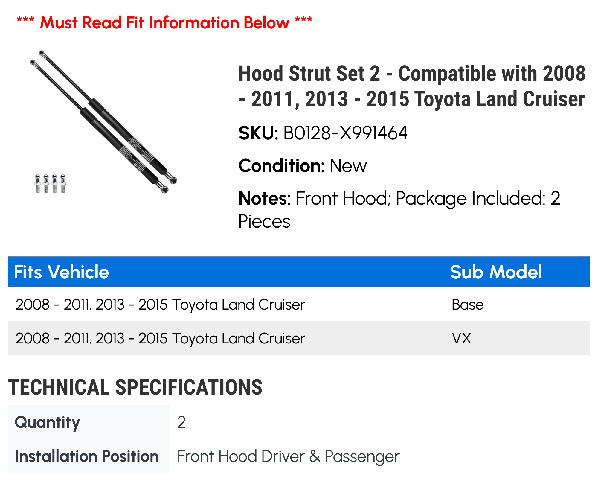 Hood Strut Set 2 - Compatible with 2008 - 2011, 2013 - 2015 Toyota Land Cruiser - Autopart Premium
