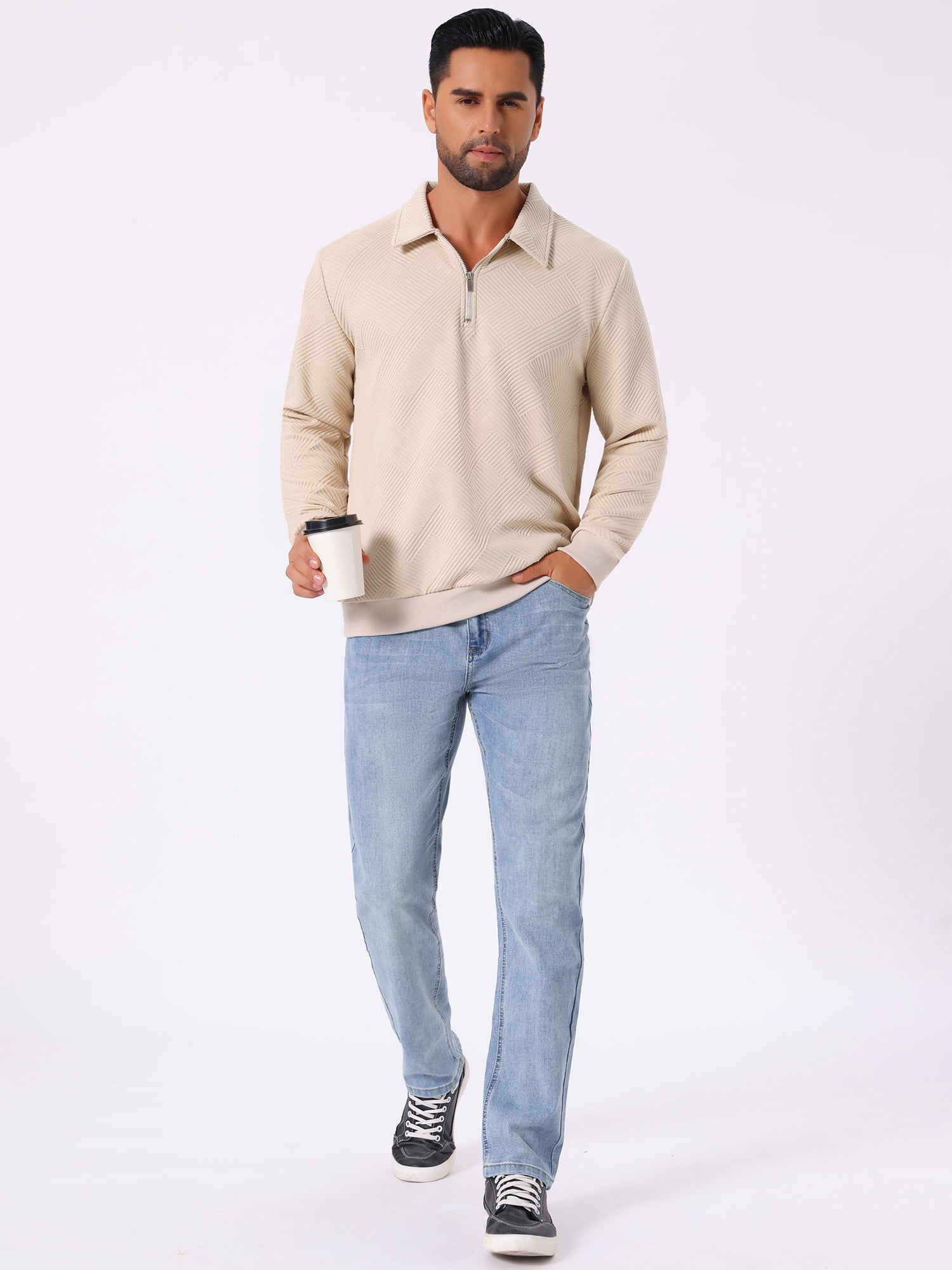 DARING DIVA Zip Pullover Long Sleeve Knitted Sweatshirts S Beige