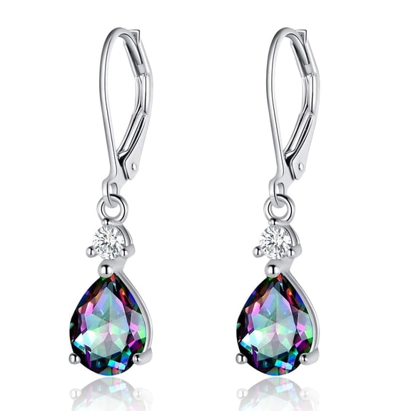 Teardrop Leverback Earrings 925 Sterling Silver Rainbow CZ Crystal Dangle Earingings Drop for Women Teens Valentines Day Vintage Jewelry Gifts
