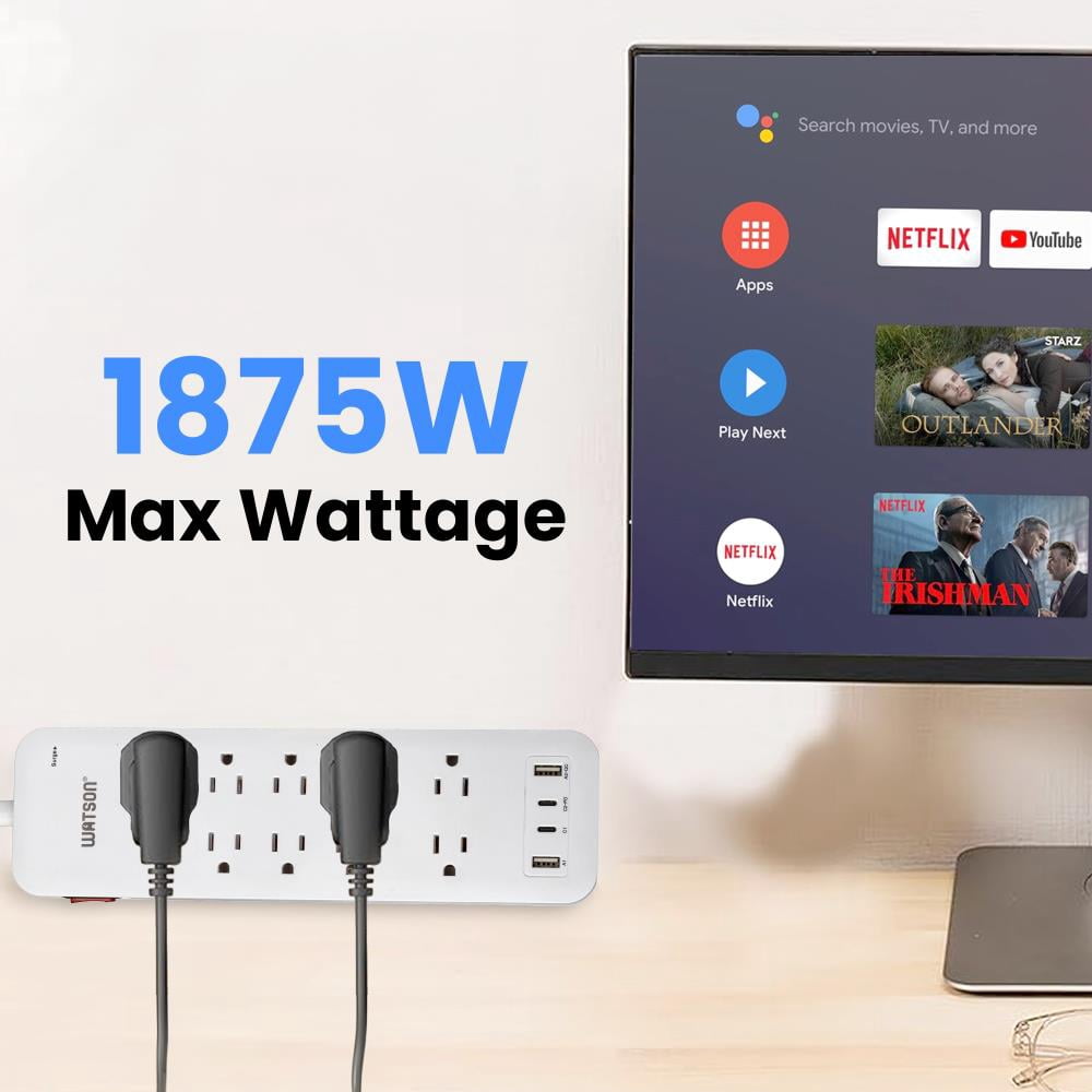 10-Outlet Surge Protector with 2 USB-C & 2 USB-A Ports, 2450 Joules, 6' Cord, LED Indicator – Power Strip for Home and Office Use by Watson(White)