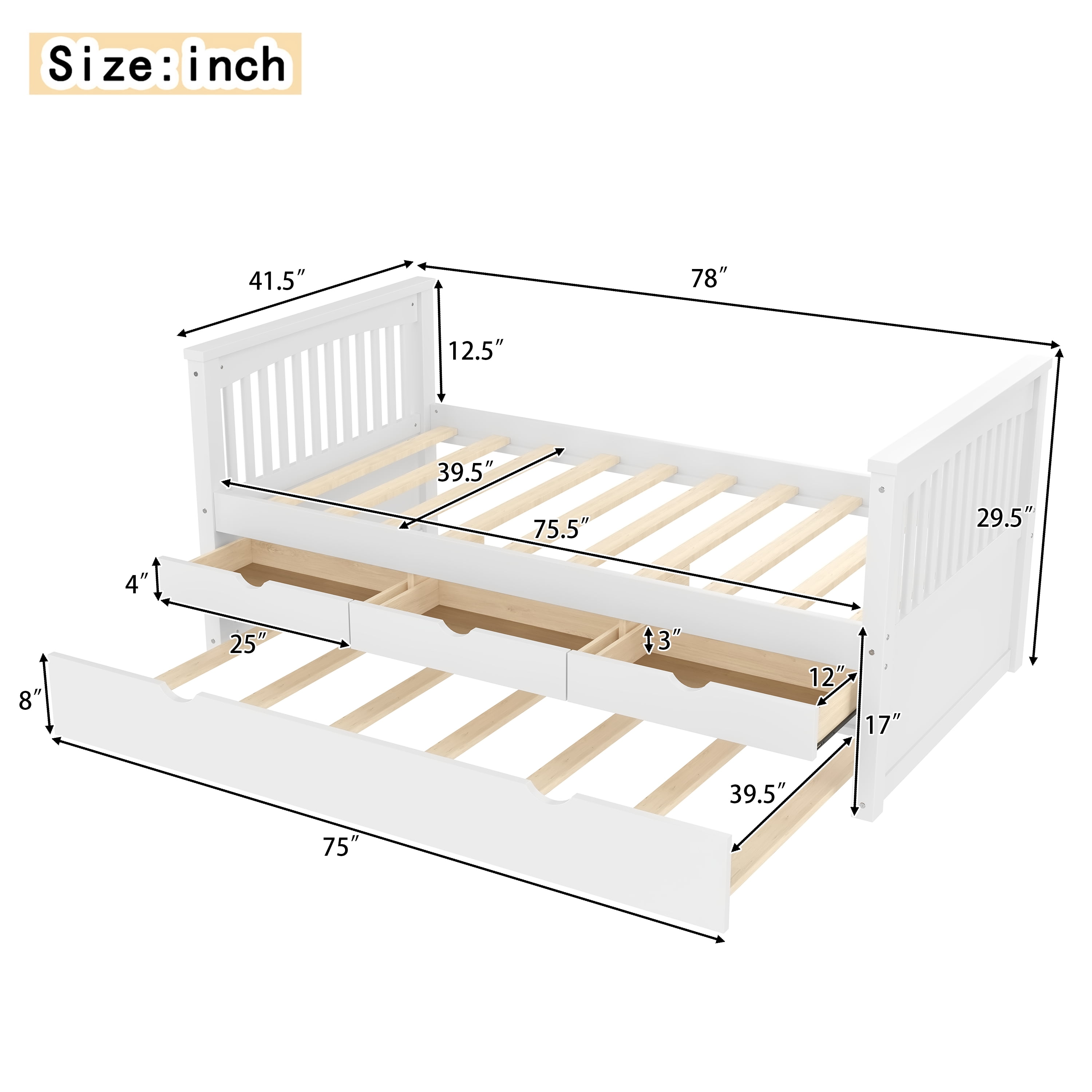 Mintazer Modern Twin Platform Bed with 3 Drawers & Trundle, Kids Wood Storage Bed for Bedrooms Guest Rooms, White