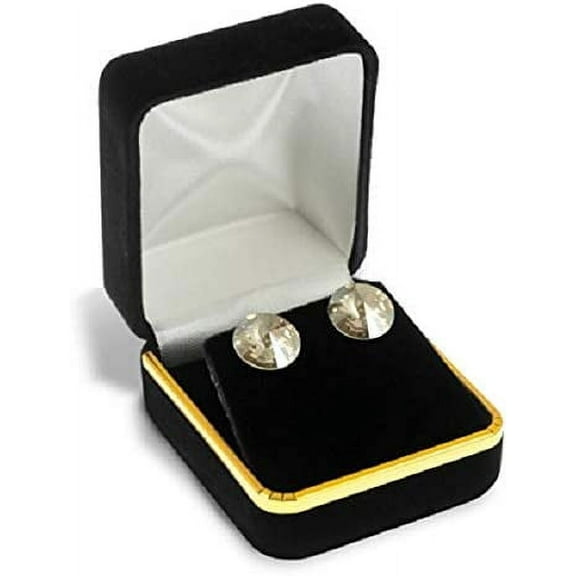 Elegant Black Velvet Earring Pendant Studs Jewelry Gift Box with Brass Trim White Satin and Black Velvet Lined Inside the Box with Metal Hinge (SE3-BLACK)