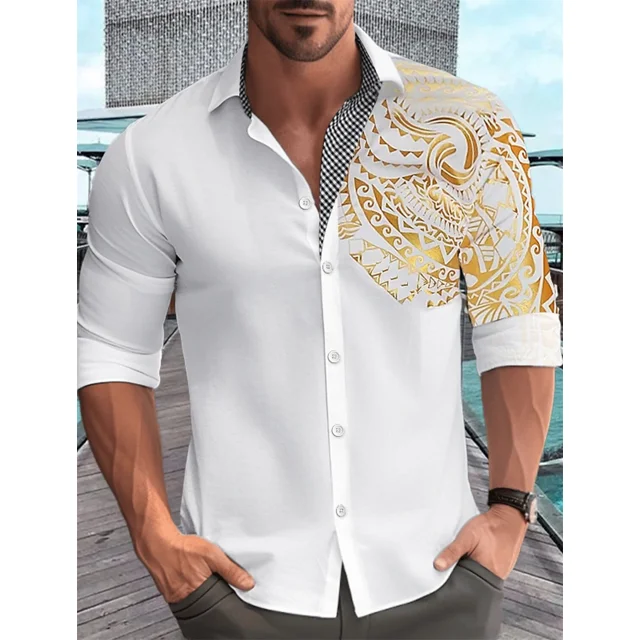 Camisa de hombre nueva 2024 con estampado de patchwork, ropa de fiesta con solapa de manga larga, cómoda y suave tela, top casual para hombre S-6XL