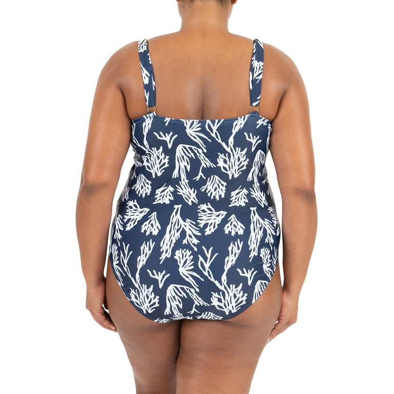Kensie Women s Plus Classic Square Neck Navy and White One Piece