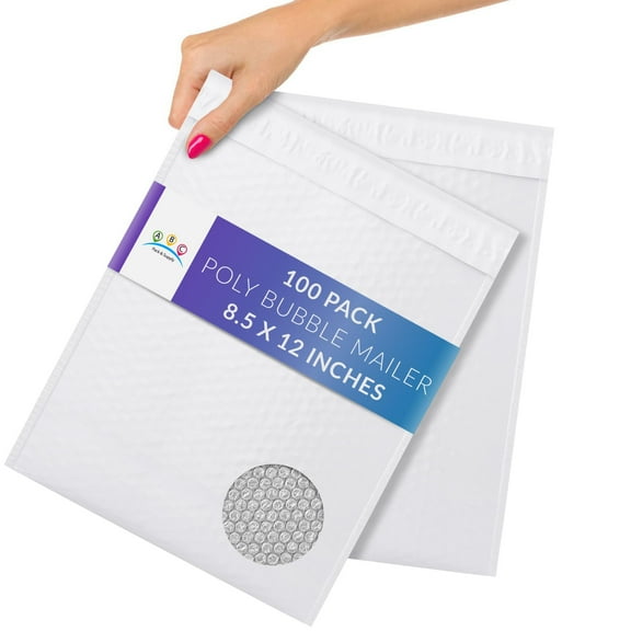 100 Pack Airjacket White Poly Bubble Mailers 8.5" x 12" #2 Cushion Padded Envelopes w/ Dual Peel & Seal and Zip Tear