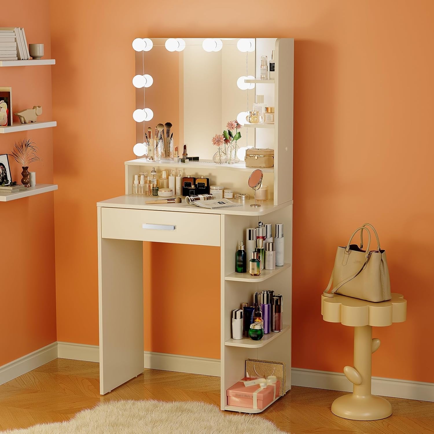 Vanity Desk with Mirror and Lights, Akaber 26.4" Makeup Vanity with Large Drawer, 6 Storage Levels, Small White Vanity Desk with Large LED Mirror