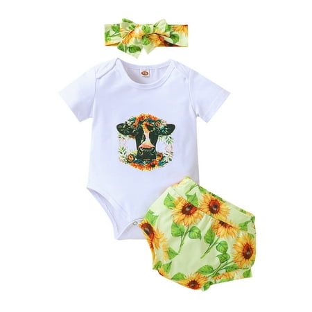 

KI-8jcuD Toddler Girls Summer Dress 2Pc Pack Baby Boys Girls Cute Outfit Cow Sunflowers Floral Prints Short Sleeves Romper Shorts Hairband 3Pcs Set Outfits Welcome Home Baby Girl New Born Baby Cloth
