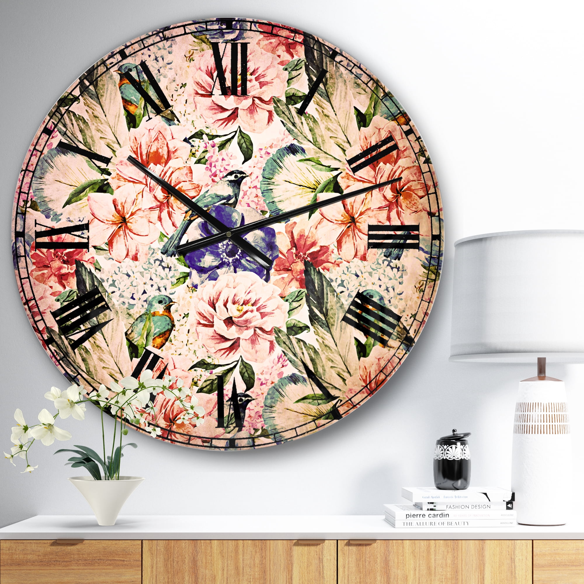 Designart 'Colorful Flowers and Birds Watercolor' Traditional wall clock