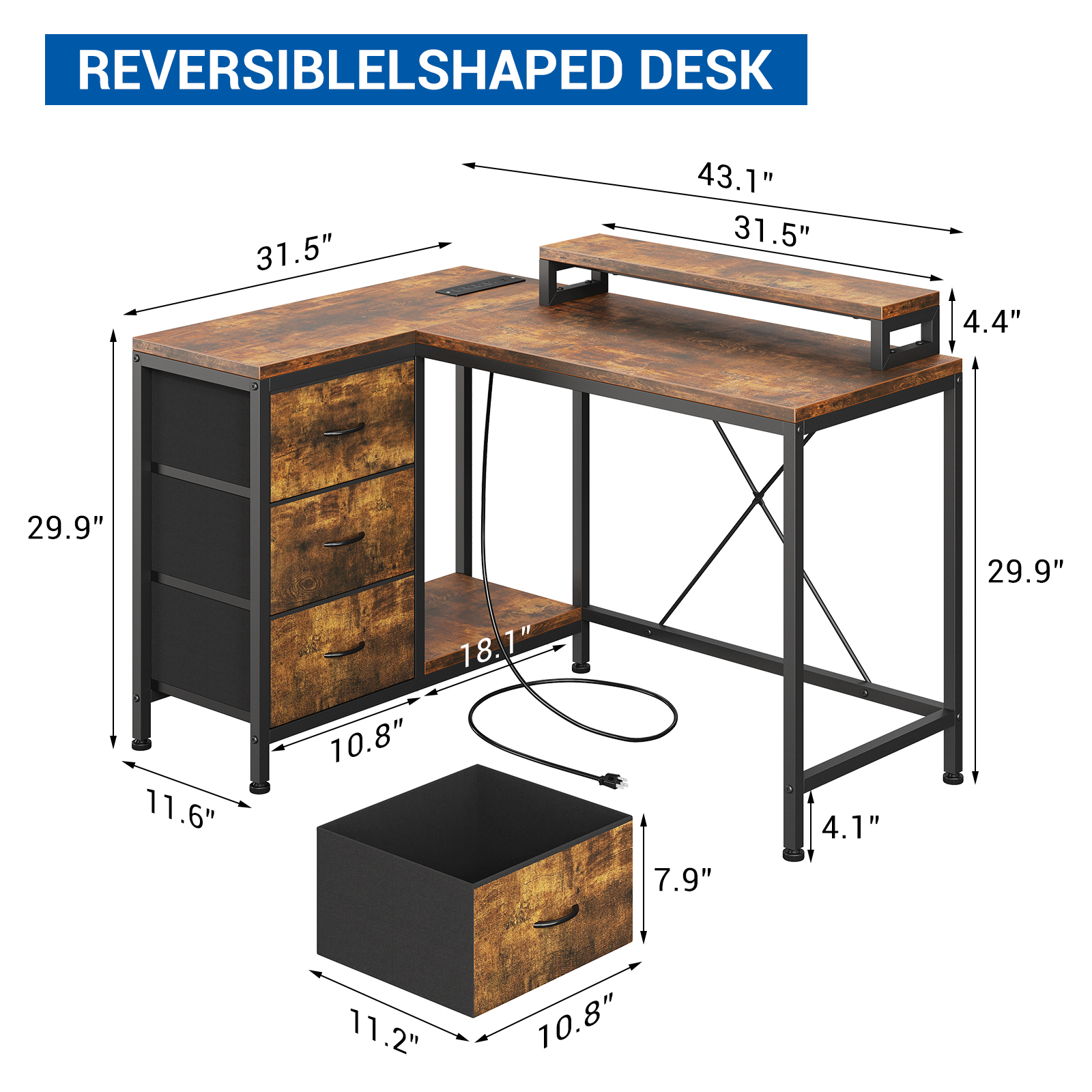 43 Inch Computer Desk With Drawers, L Shaped Desk with Power Outlets and Led Lights, Gaming Desk with Shelves and Monitor Stand
