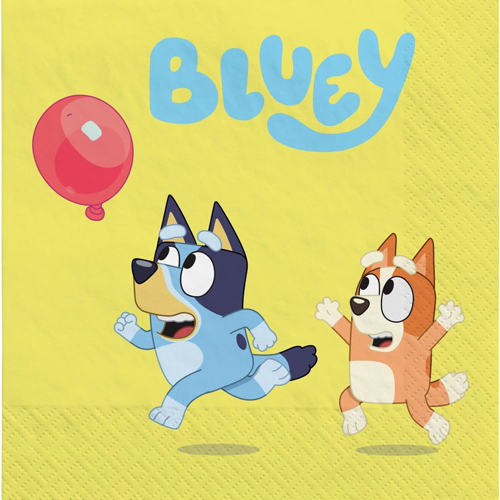 Bluey Birthday Party Bundle Pack includes 16 Lunch Plates, 16 Napkins, 16 Cups, 1 Tablecover, 1 Jointed Banner, 1 Dino Sticker