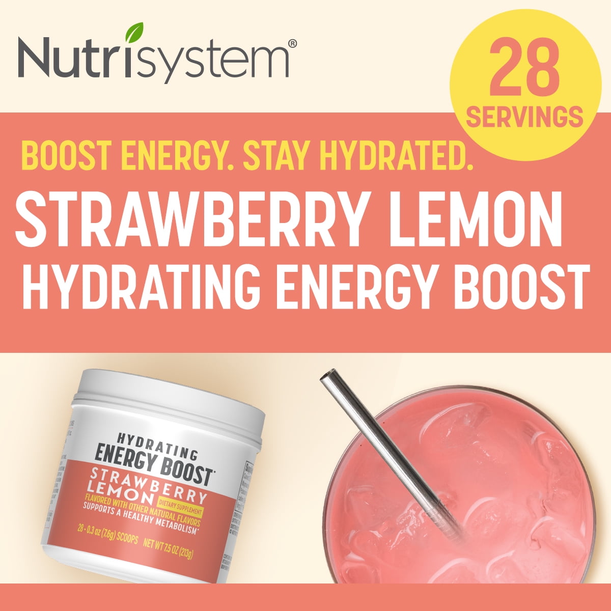 Nutrisystem® Hydrating Energy Boost: Strawberry Lemon - 28 Servings Mix-and-Sip Dietary Supplement