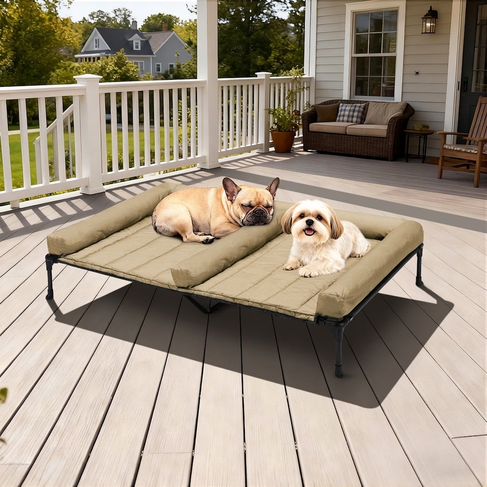 Veehoo Cooling Raised Dog Bed + Removable Double Dog Bed Cushion for Two Medium Dogs, Elevated Dog Bed with Waterproof Bolster Mat, Breathable Mesh, No-Slip Feet, 49" x 33" Dog Couch Bed, Beige