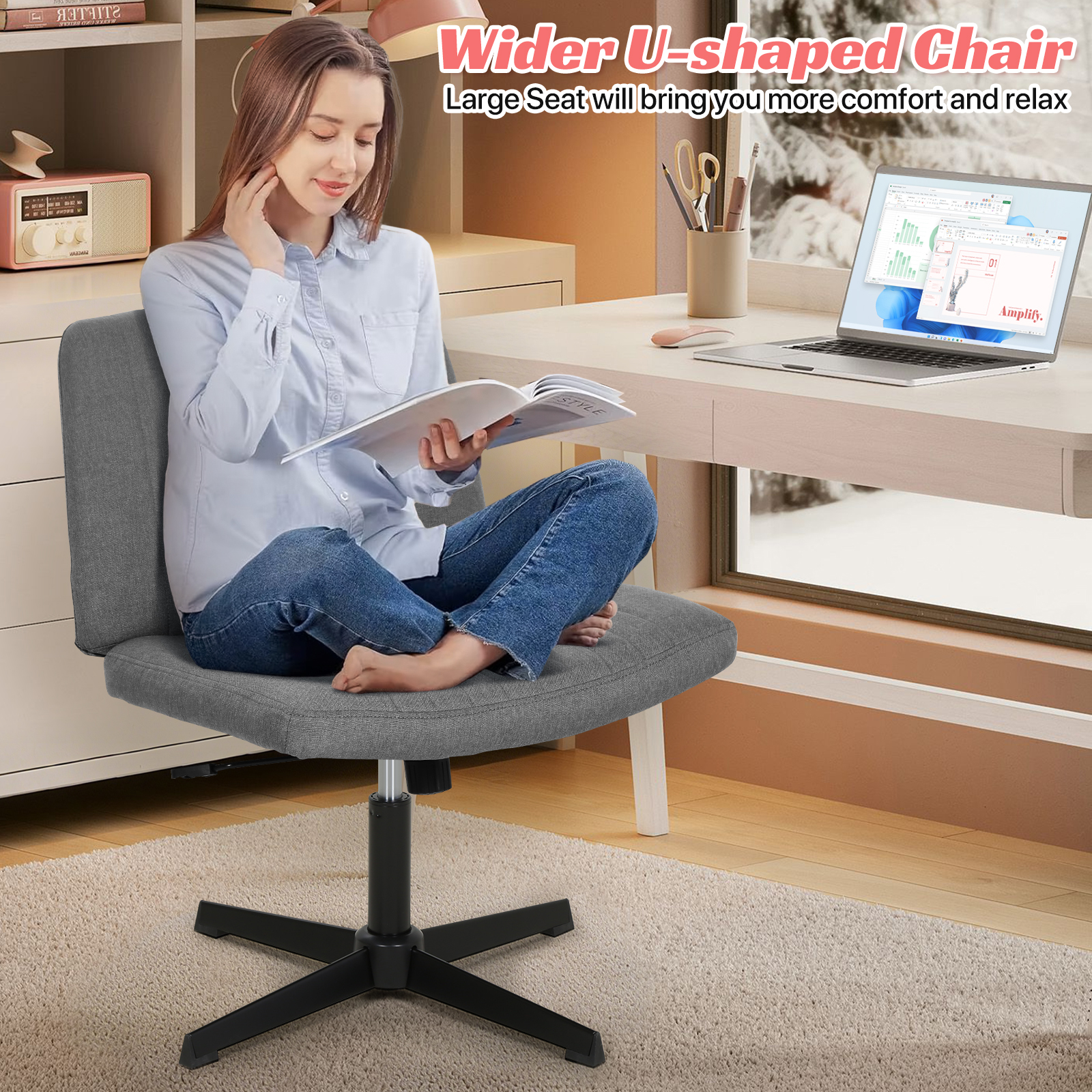 Criss Cross Chair, Armless  Vanity Chair Cross Legged Office Chair,  Adjustable Wide Swivel Desk Chair for Home Office No Wheels, Grey
