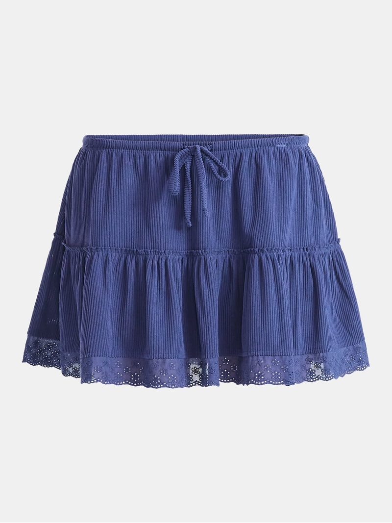 No Boundaries Drawcord Ruffle Mini Skirt with Lace Trim, Women's