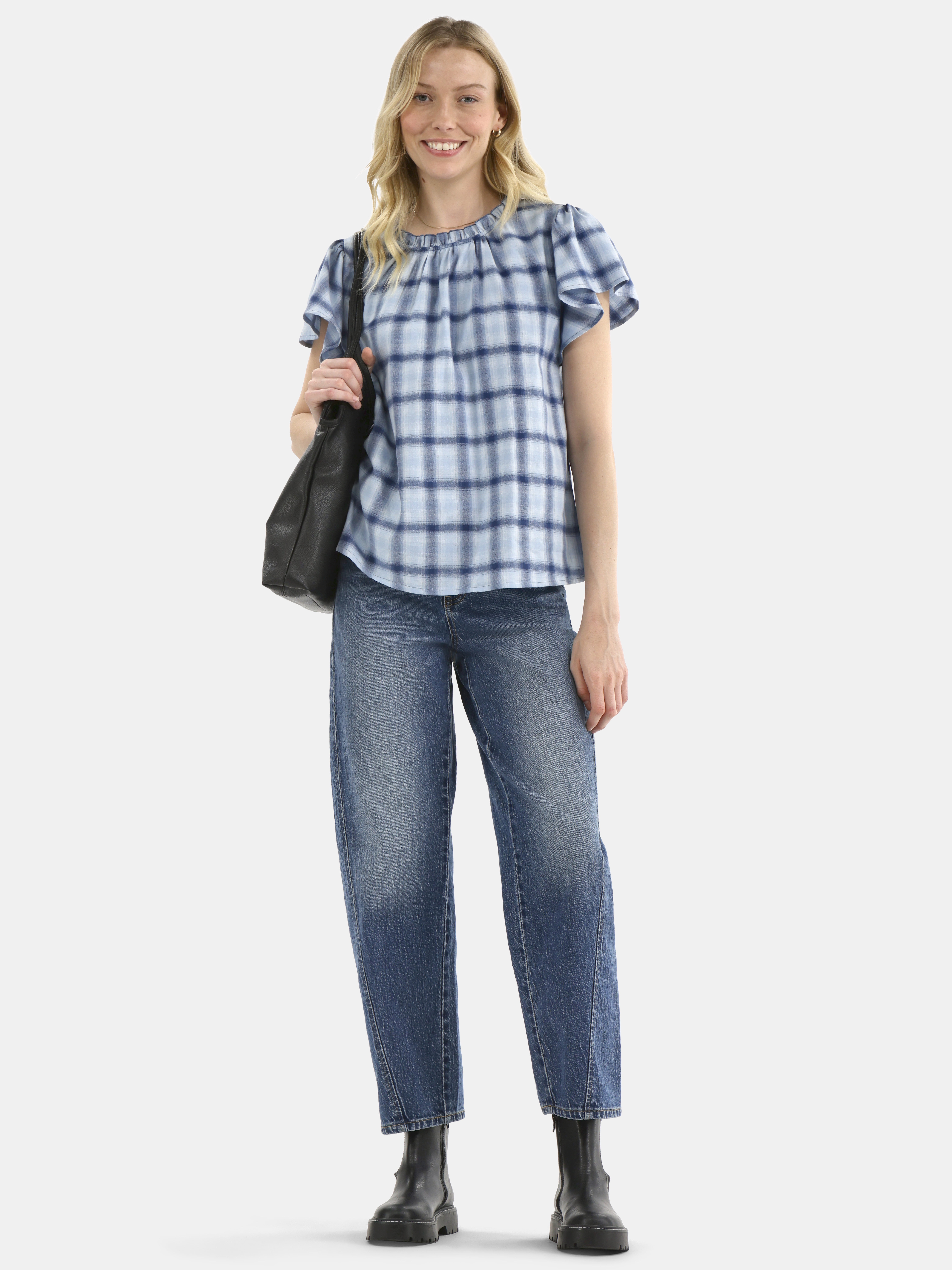 Time and Tru Women's Cotton Ruffle Neck Blouse with Flutter Sleeves, Sizes XS-XXXL