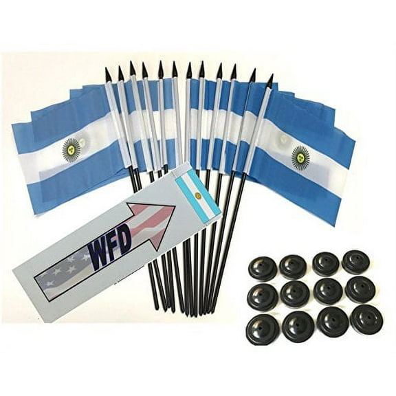 Pack of 12 4"x6" Argentina Polyester Miniature Desk & Little Table Flags, 1 Dozen 4"x 6" Argentine Small Mini Hand Waving Stick Flags with 12 Flag Bases (Flags with Stands)