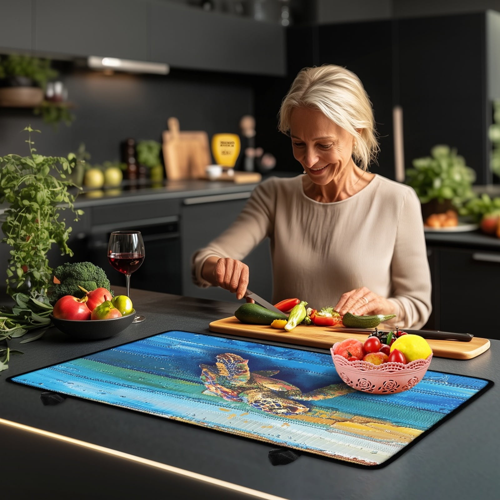 Renewold Stove Top Cover for Electric Stove, Non-skid Glass Electric Stove Top Mat, Induction Electric Stove Top Protector for Kitchen Counter Top, Sea Turtle Wood Grain Blue