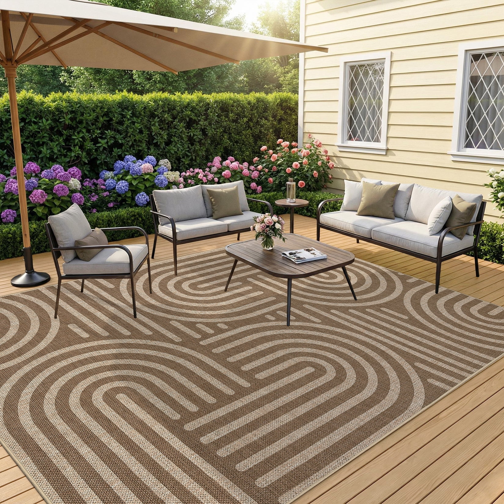 Garvee 8'x10' Geometric Area Rug Easy Jute Carpet, Abstract Washable Rug Rainbow Non Slip Indoor Outdoor Accent Rug for Living Room Bedroom Dining Room Balcony Patio, Brown