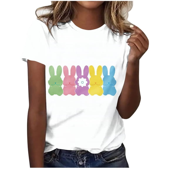 Mifsaly Easter Shirts Women Short Sleeve Crewneck T-Shirt Colorful Easter Bunny Silhouette Print Tops Festive Daily Soft Breathable Summer Tee XXL