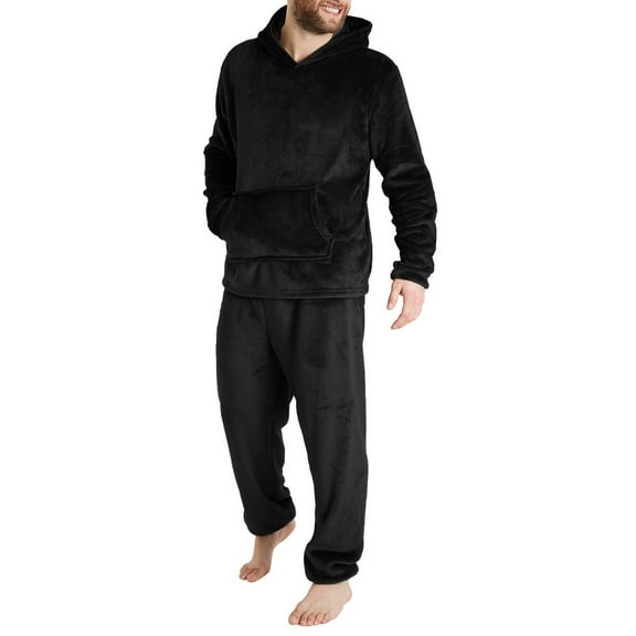 Stamzod Winter Mens Pajamas Set 2 Piece Long Sleeve Pullover Hoodies and Pajama Pants Set Casual Warm Flannel Pajamas for Men Black M