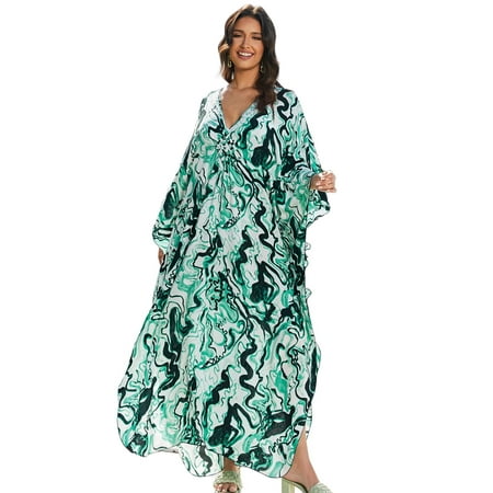 Edolynsa Caftan Dress for Beach Wear Women Plus Size Bikini Cover up Casual Kaftan Robe Loose Loungewear House Wear Beach Blouse