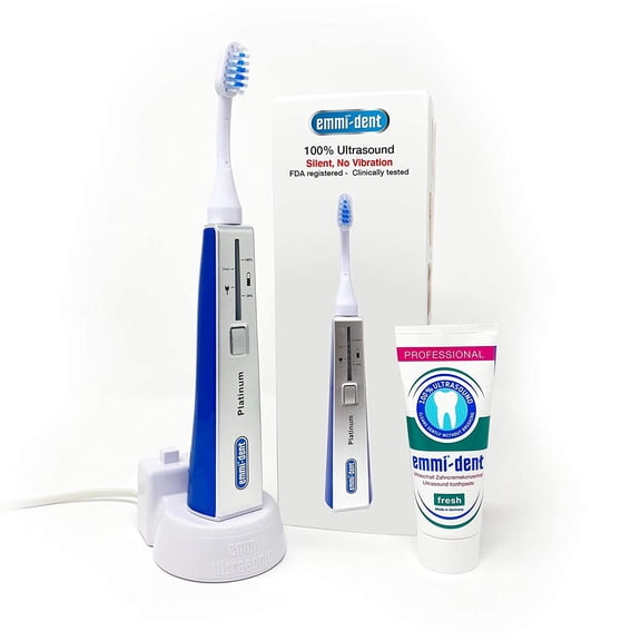 Emmi®-dent Electric Toothbrush Set for SPECIAL ORAL CARE NEEDS (e.g. Autism, EB, Elderly). Cleans completely SILENT and WITHOUT VIBRATION and WITHOUT BRUSHING. Patented 100% Ultrasound Technology.