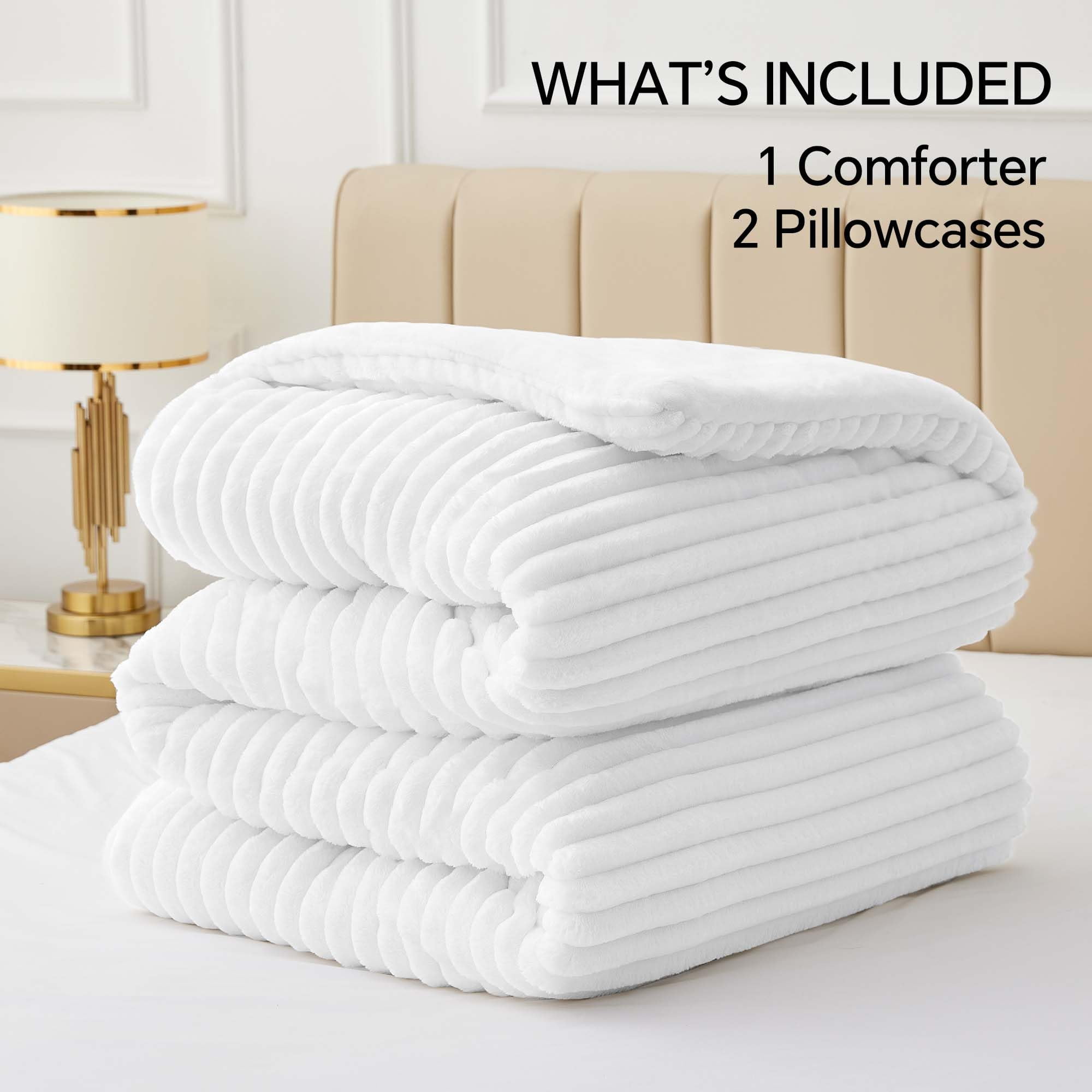 BEDELITE Fleece King Comforter Set -Super Soft & Warm Fluffy Bright White Bedding, Luxury Fuzzy Heavy Bed Set for Winter with 2 Pillow Cases
