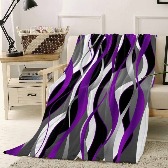 Fleece Blanket Modern Purple Grey Black Stripes Blankets, Soft Cozy Warm Flannel Throw Blanket, Gradient Abstract Art Blanket for Bed Couch Sofa,40x50In