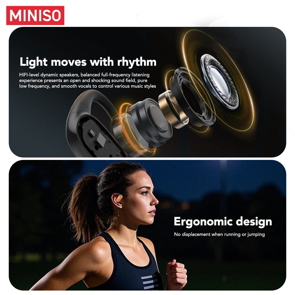 MINISO MS185 Open Ear Bluetooth 5.4 Wireless Earbuds with LED Luminous Case, Earhook Sport Headphones with Mic, 70H Playtime, IPX5 Waterproof, Secure Fit for Running Workout