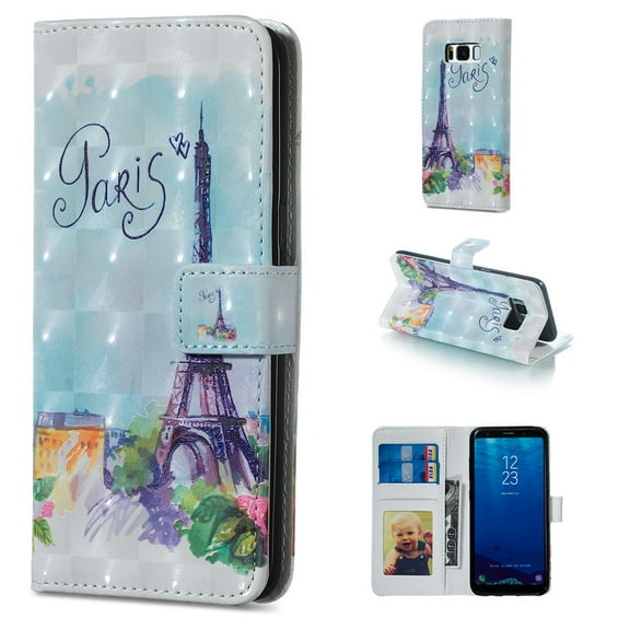 Galaxy S8 Case, Galaxy S8 2017 Case, Allytech 3D Emboss PU Leather Flip Protective Wallet Stand Cover & Credit Card Slots Pocket for Samsung Galaxy S8 (5.8") (Paris Eiffel Tower)