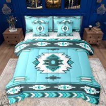 Manfei Ancient Aztec Theme 7-Piece Bedding Comforter Set,Boho Tribal Gemetric King Bedding Sets,Cyan White Bed Sheets For Adults,Ultra Soft Home Decor Reversible