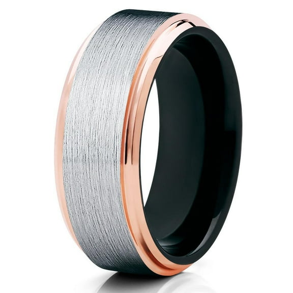 8mm Brushed Tungsten Carbide Wedding Band Rose Gold Stepped Edges Black Inlay Ring 10