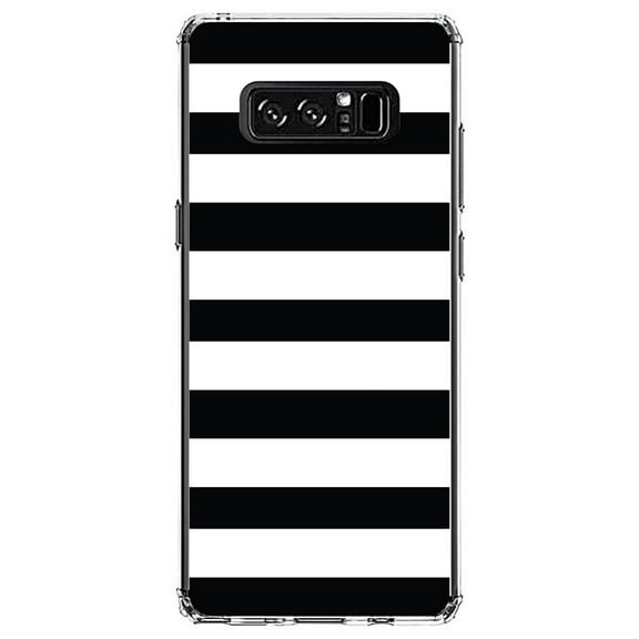 DistinctInk Clear Shockproof Hybrid Case for Samsung Galaxy Note 8 - TPU Bumper, Acrylic Back, Tempered Glass Screen Protector - Black & White Bold Horizontal Stripes