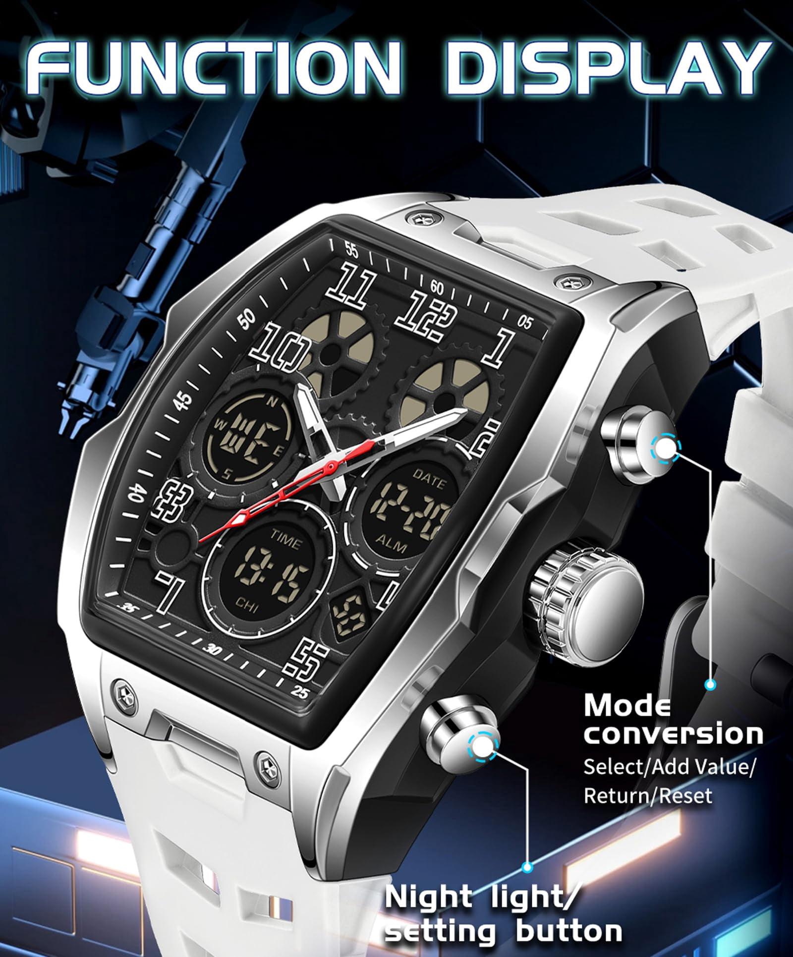 Findtime Mens Watches Square Rectangle Dial Watch for Men Waterproof White Relojes para Hombres Punk Cool Design Chronograph Luminous Silicon Strap