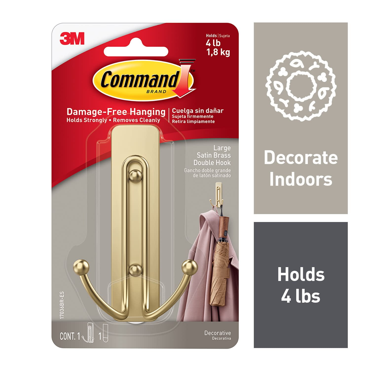(3 pack) Command Large Double Wall Hooks, Satin Brass, Damage Free Decorating, 1 Hook