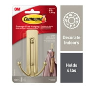Command Large Double Wall Hooks, Satin Brass, Damage Free Decorating, 1 Hook