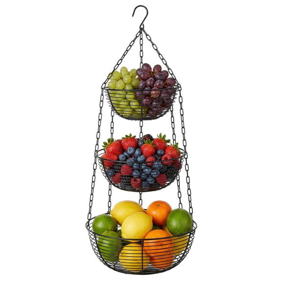 3 Tier Hanging Fruit Basket for Kitchen, Heavy Duty Iron Wire Produce Organizer, Black