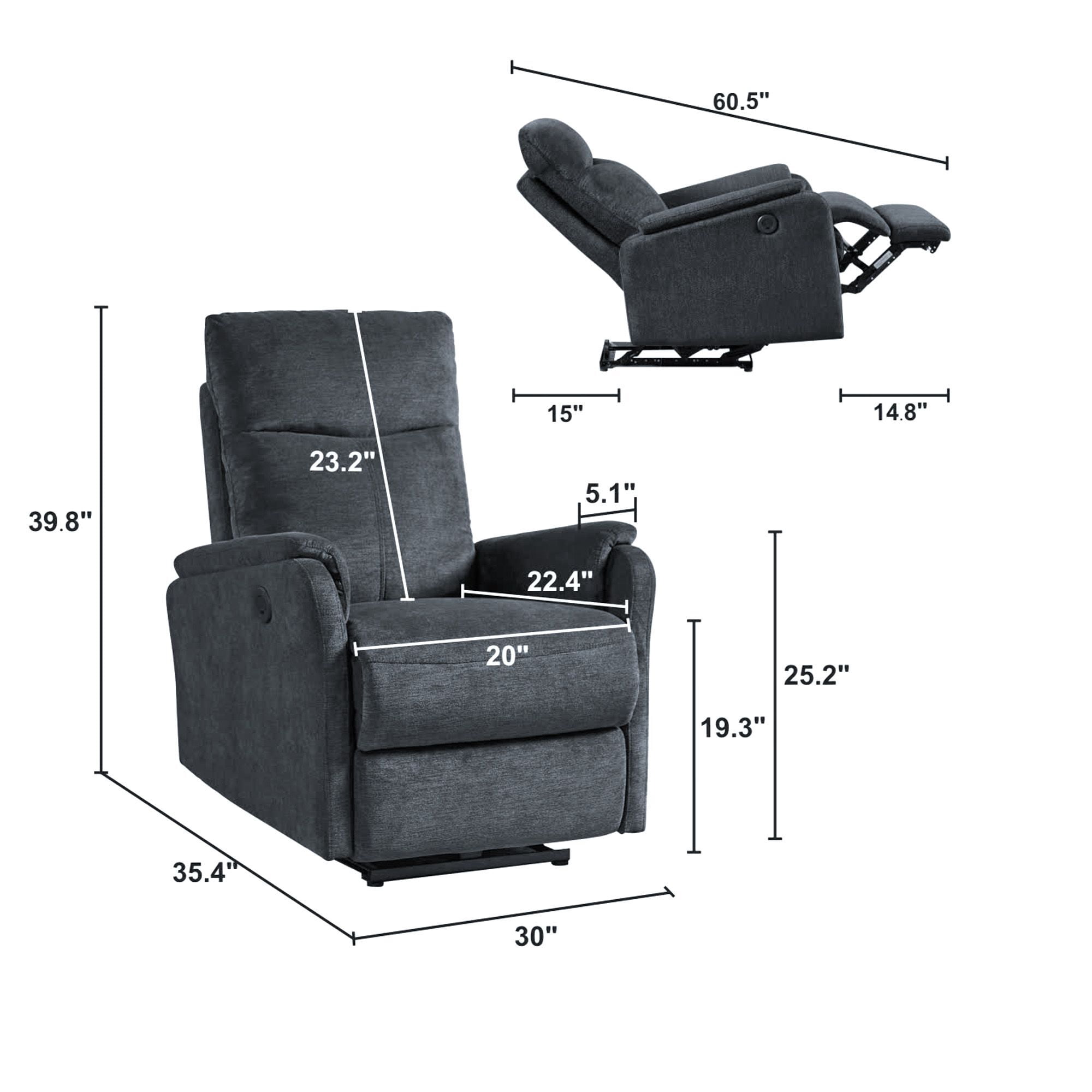 DEALTOPS Power Recliner Chair with USB Ports, Recliner Single Chair with Adjustable Footrest, Dark Gray